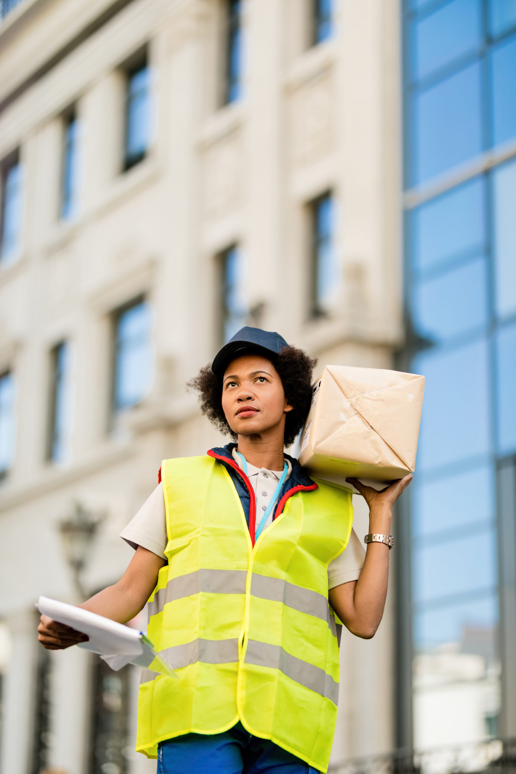 Low angle view of black female courier carrying a delivery package in the city.